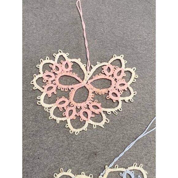 Handmade Tatting Lace Heart Ornaments Set of 6 Embroidered Cotton Decoration - Picture 3 of 7
